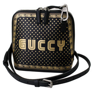 Gucci Black Leather Crossbody Logo Gold Bag GUCCY Shoulder Print